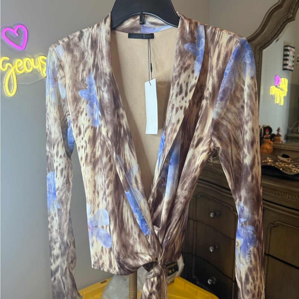Zara Brown Animal Print Wrap around Blouse with Blue Floral Details - Picture 7 of 16